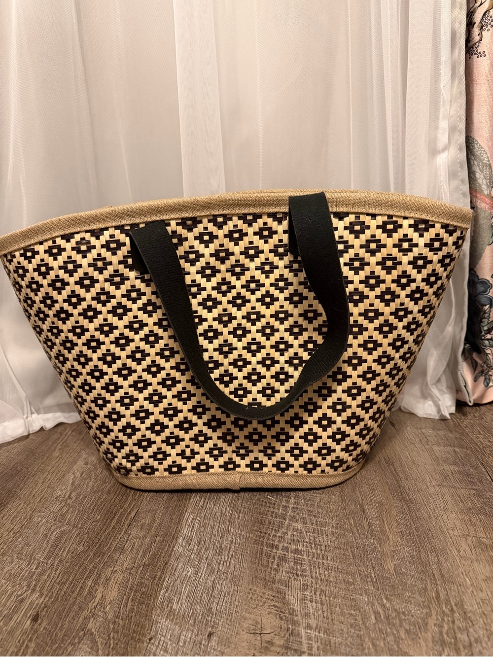 Woven Black and Natural Tote Bag with Black Straps